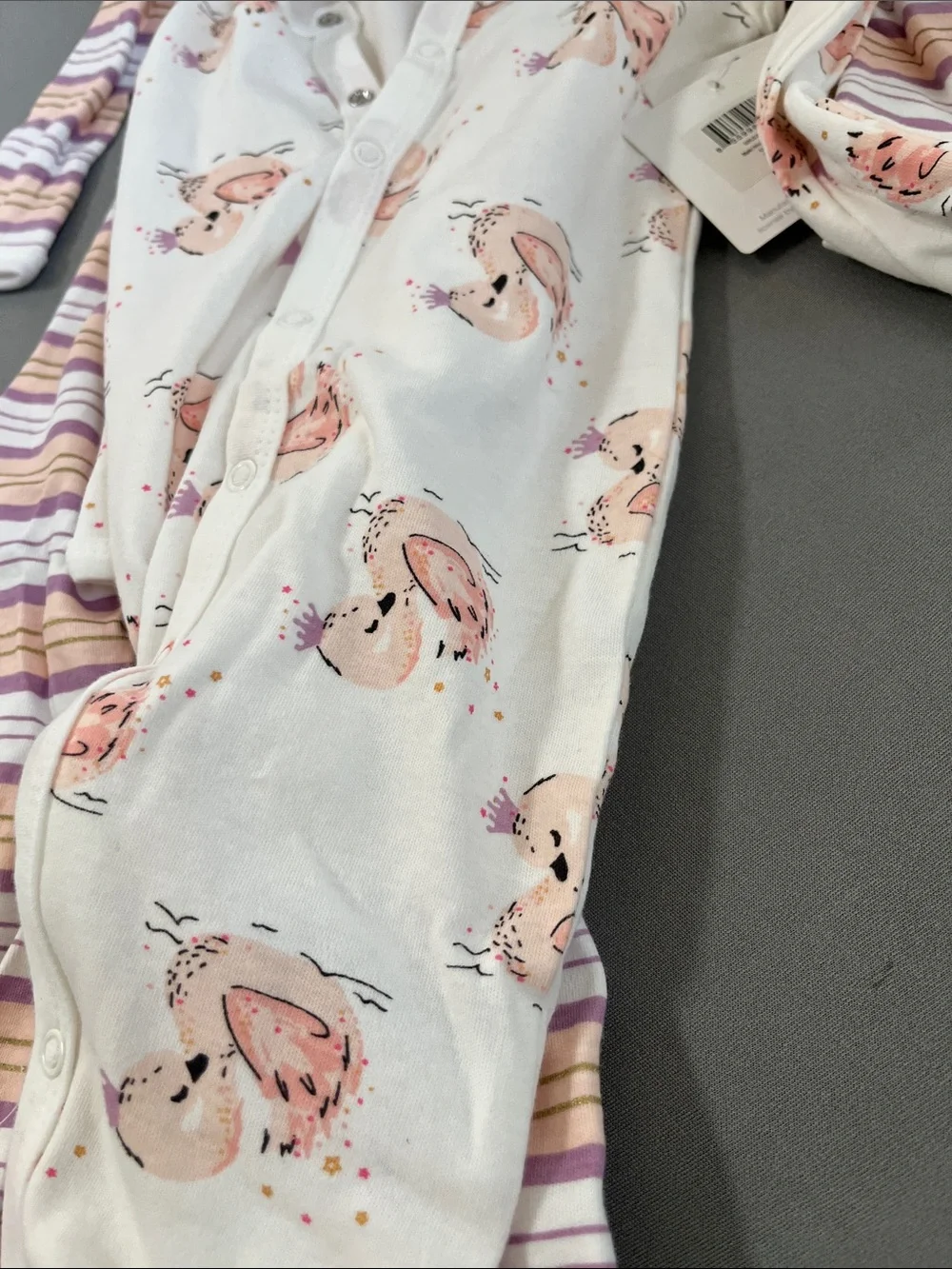 Rosie Pope Cream Footie with Pink Floral Print & Lavender Stripes